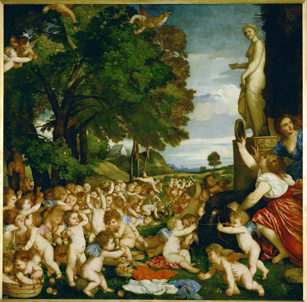 Titian, Garden of Love (1518), commissioned by duke Alfonso d'Este under collaboration with Mario Equicola